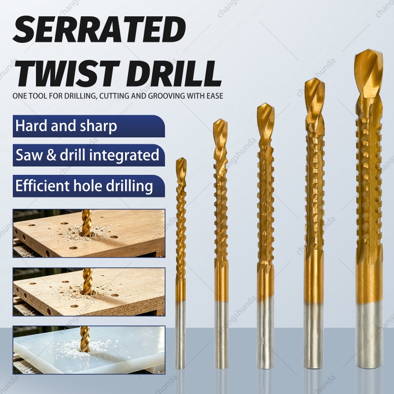5PC Serrated Twist Drill Bit Set, Titanium Coated Sawtooth Drill Bits Kit for Electric Hand Drill, Multifunctional Drilling Tool for Tile, Wood, Plastic, Metal
