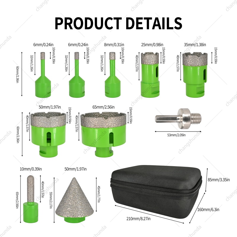 10pc-M14 Light Green Diamond Dry Drill Bit Set with Storage Bag, M14 Thread Brazed Hole Saw Kit Including Core Bits, Trimming Bit & Chamfer Bit for Angle Grinder
