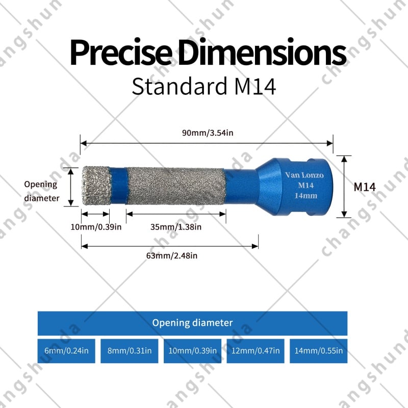 M14 Thread Extended Long Body Blue Vacuum Brazed Dry Diamond Hole Saw Bit, 6/8/10/12/14mm Deep Drilling Drill Bit for M14 Angle Grinder, Vitrified Tile Marble Granite Deep Hole Perforating Tool
