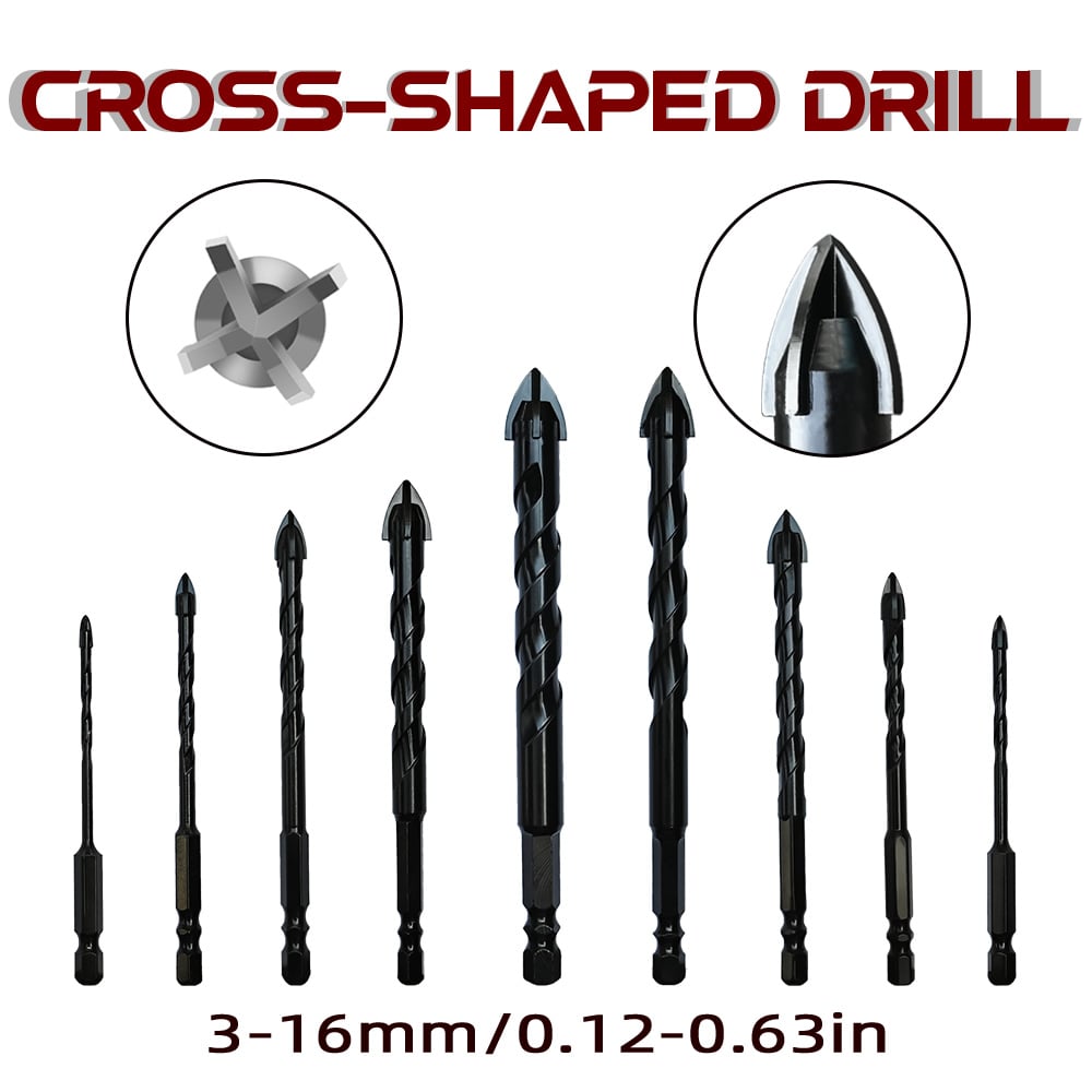 Cross Point Drill Bit — 9-Piece Carbide Spear Point Drill Set (3mm-16mm) with Hex Quick-Change Shank for Tile, Glass & Stone Drilling