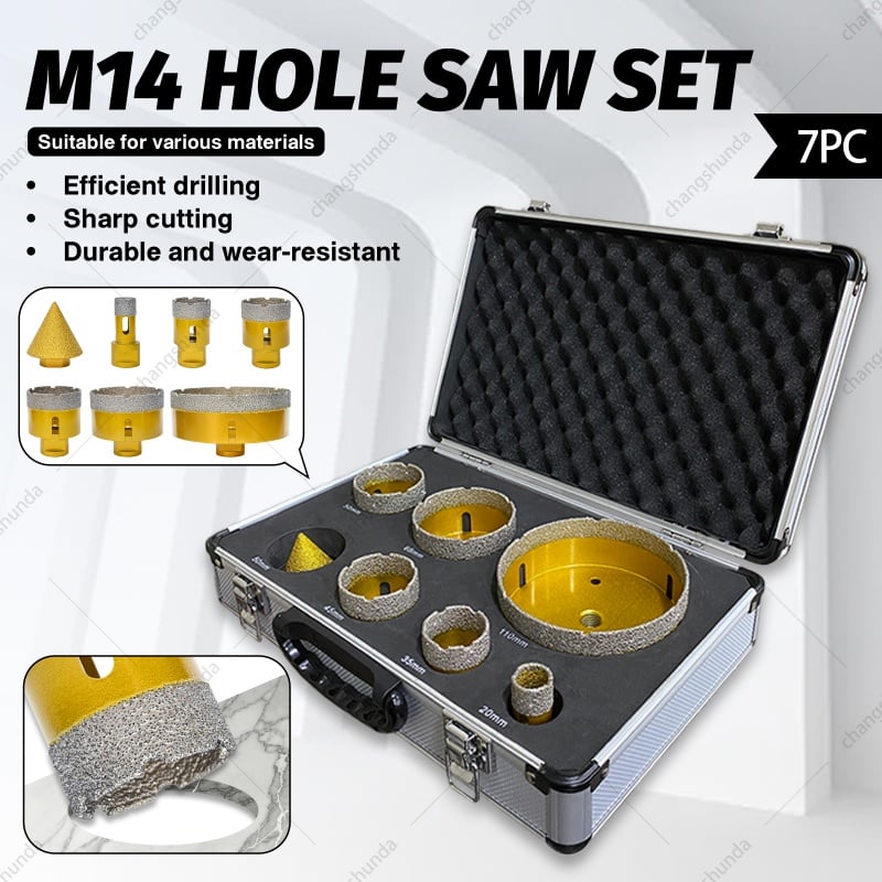 M14-7pc Golden Exposed Diamond Grain Drill Bit Set with Aluminum Case, Vacuum Brazed Dry Cutting Hole Saw Kit Including 6 Core Bits & 50mm Chamfer Tool for Angle Grinder
