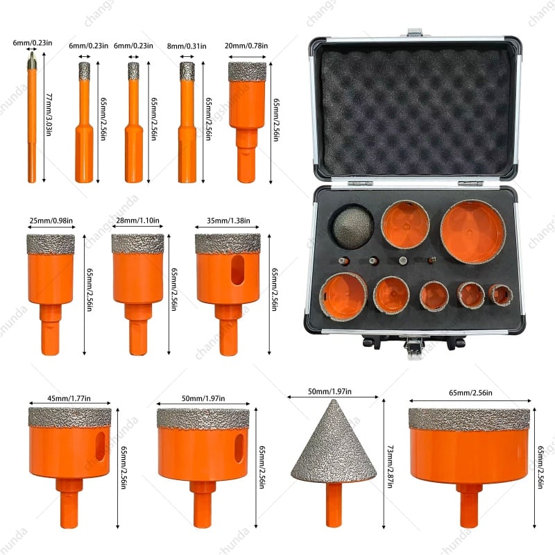 Van Lonzo 12PC Orange Dry Drill Exposed Diamond Set with Aluminum Storage Case, Vacuum Brazed Water-Free Dry Diamond Hole Saw Kit, Heavy Duty 12PC Orange Dry Drill Exposed Diamond Set for Tile Marble Ceramic Glass Dry Drilling & Countertop Chamfering
