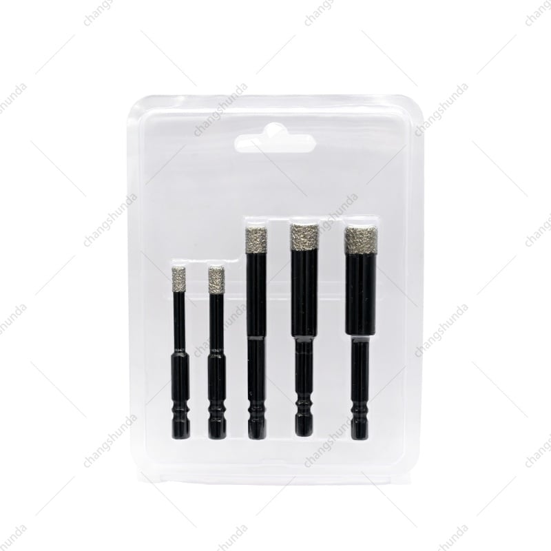 5PCS Black Exposed Grit Hex Shank Diamond Hole Saw Blister Pack Set, Vacuum Brazed Dry Cut Diamond Core Drill Bits for Tile, Ceramic, Marble, Glass
