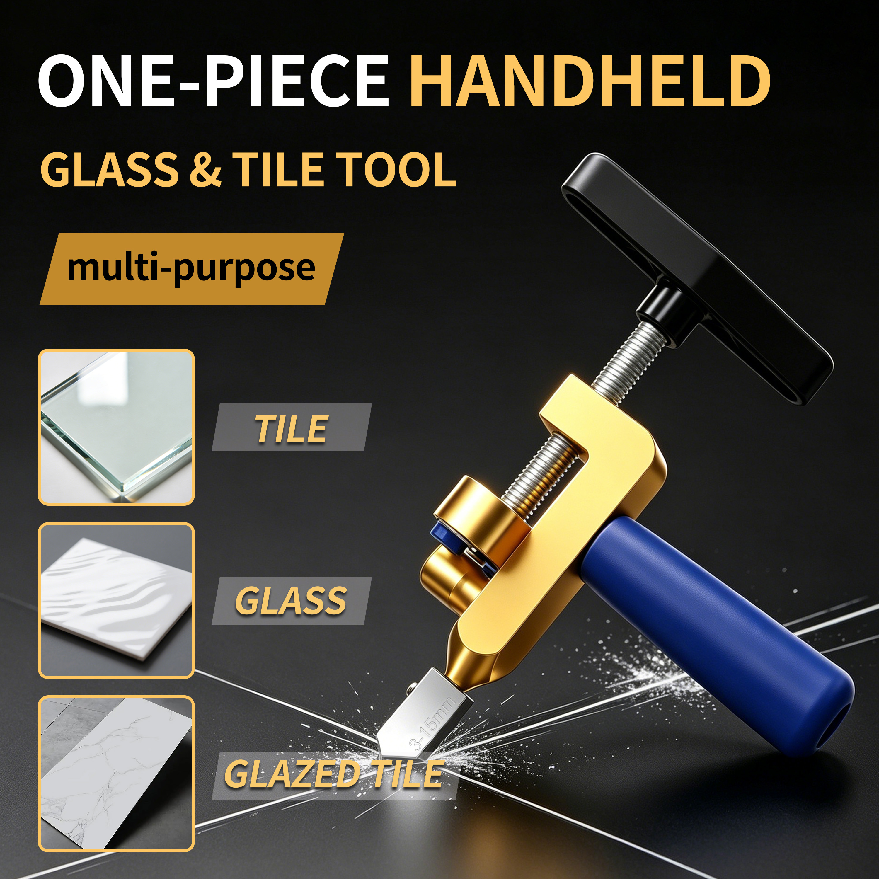 Tile & Glass Cutting Tool Set — 2 Alloy Heads & 4 Gaskets, Manual Tile Breaker Cutter for Ceramic Tile, Glass & Stone (3-15mm Thickness)