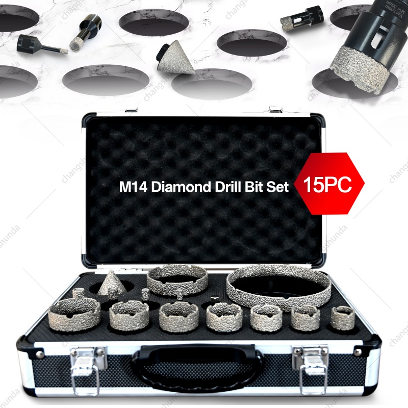 Van Lonzo M14-15pc Black Exposed Diamond Set with Aluminum Storage Case, Vacuum Brazed M14 Thread Diamond Hole Saw Kit, Heavy Duty M14-15pc Black Exposed Diamond Combo for Angle Grinder Tile Granite Marble Drilling & Chamfering
