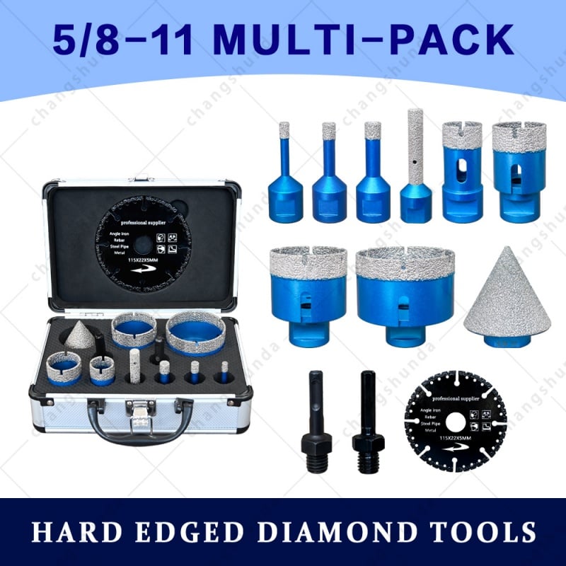 5/8-11 Vacuum Brazed Diamond Hole Saw Travel Kit with 115mm Dry Cutting Disc, Multi-Size Drill Bits + Dual Adapters Portable Travel Tool Set for Tile Marble Granite Stone Drilling & Cutting
