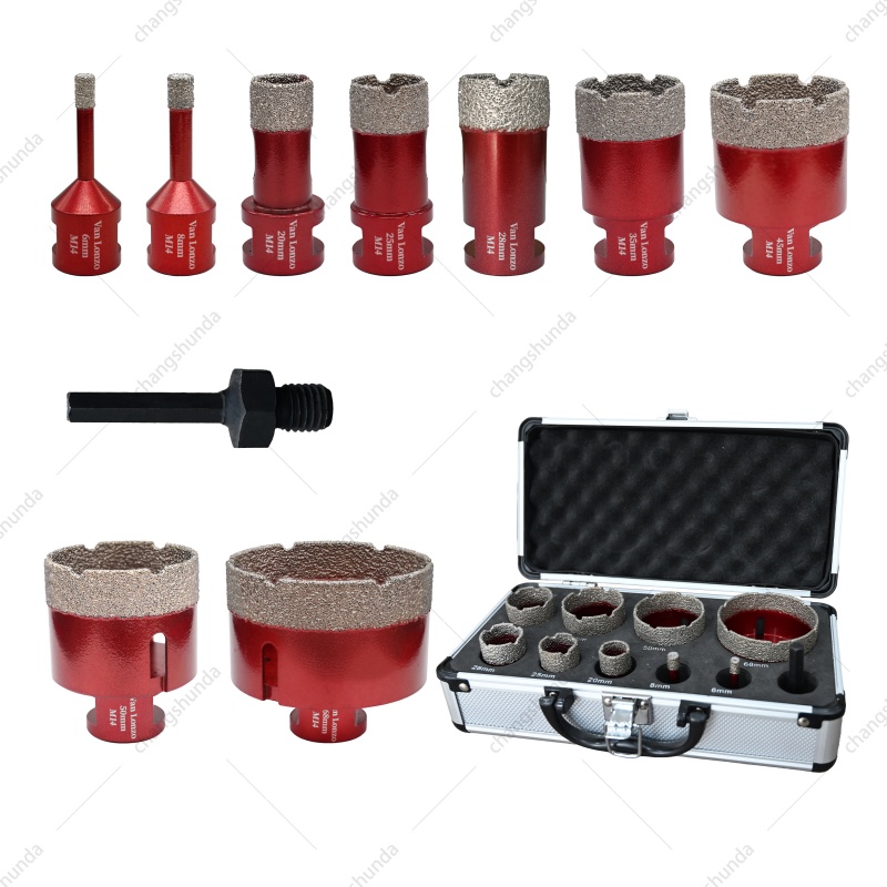 Van Lonzo M14-10pc Red Exposed Diamond Segment Core Drill Bit Set, Vacuum Brazed M14-10pc Red Exposed Diamond Kit for Granite Marble Tile Drilling, Complete M14 Thread Diamond Hole Saw Combo with Portable Aluminum Storage Case
