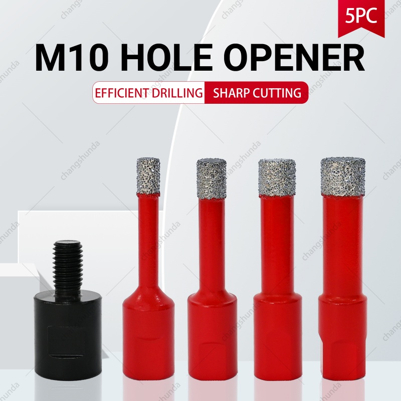 M10 Chinese Red 5pc Blister Pack Set, Vacuum Brazed Diamond Core Drill Bits with Built-in Cooling Wax & M14-M10 Reducer Shank for Tile Ceramic Marble Drilling
