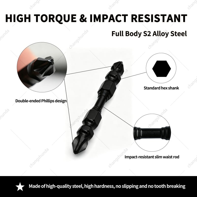 Van Lonzo Black Double R Double Head Phillips Screwdriver Bits 65mm-10pc Set, S2 Alloy Steel Anti-Slip Magnetic Cross Screwdriver Bit Kit, Heavy Duty Black Double R Double Head Phillips Screwdriver Bits 65mm-10pc for Impact Drill & Electric Screwdriver

