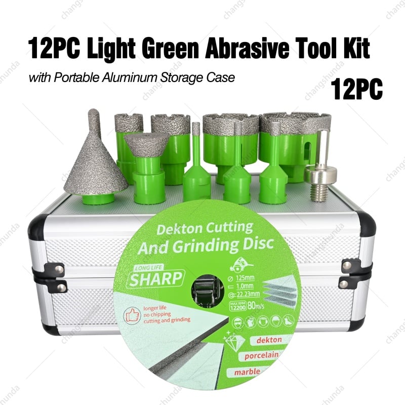 M14-12PC Light Green Exposed Diamond Grain Drill Bit Kit, Multi-Functional Stone Tile Processing Set with Core Bits, Trimmer, Chamfer Bit, Trapezoidal Grinding Head, 125mm Slab Cutting Disc & M14 to Hex Adapter
