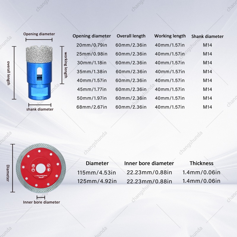 Van Lonzo M14 Blue Exposed Grit Diamond Hole Saw 10PC Set, M14 Thread Shank Brazed Hole Saw Kit with 115 Red & 125 Blue Sintered Cutting Discs for Angle Grinder Tile Marble Stone Drilling & Cutting
