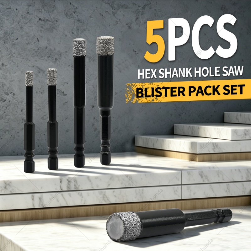 5PCS Black Exposed Grit Hex Shank Diamond Hole Saw Blister Pack Set, Vacuum Brazed Dry Cut Diamond Core Drill Bits for Tile, Ceramic, Marble, Glass
