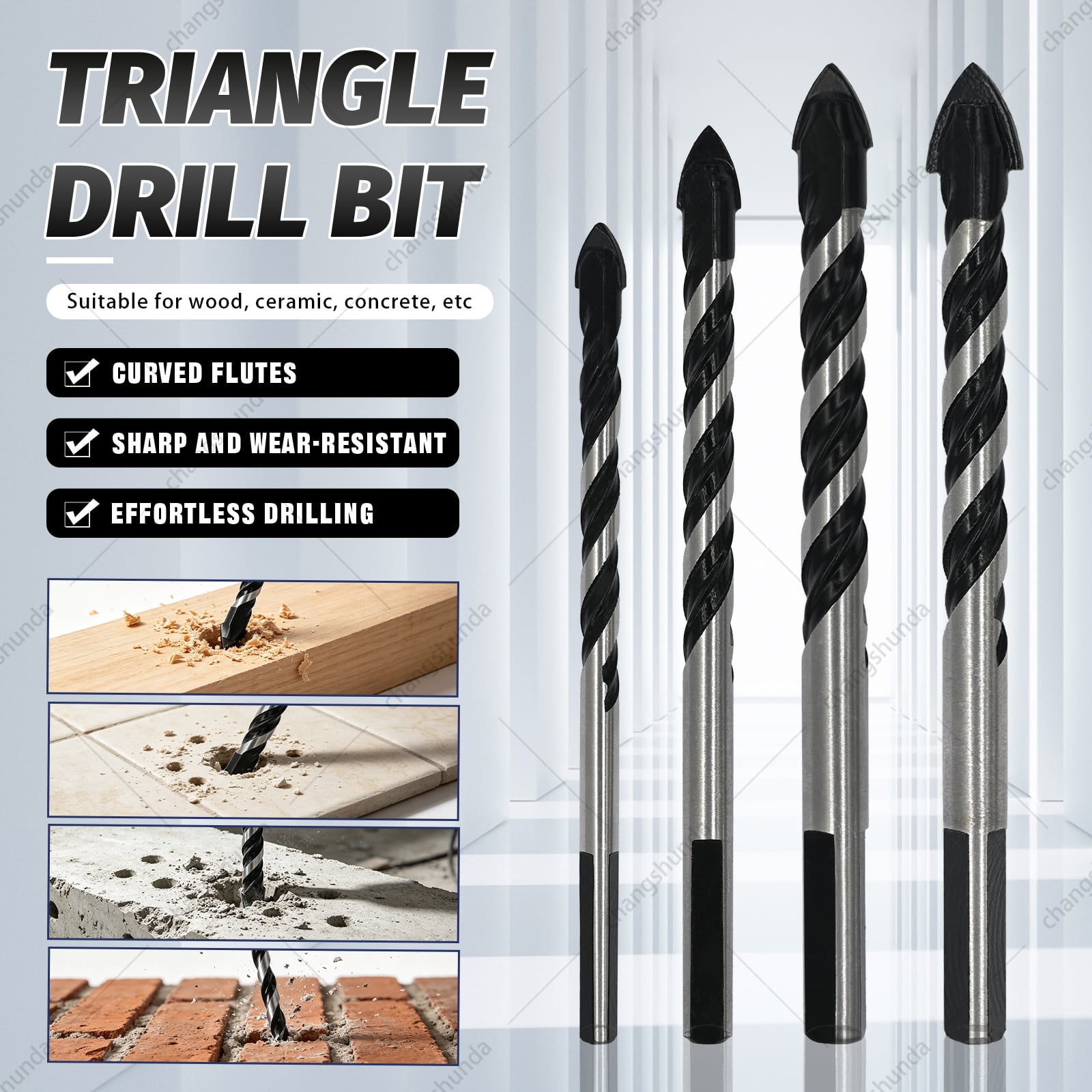 Van Lonzo Black Triangle Drill, Multi-Purpose Tipped Masonry Black Triangle Drill Bit Set with Anti-Slip Triangular Shank for Ceramic Tile, Concrete, Brick, Glass Drilling