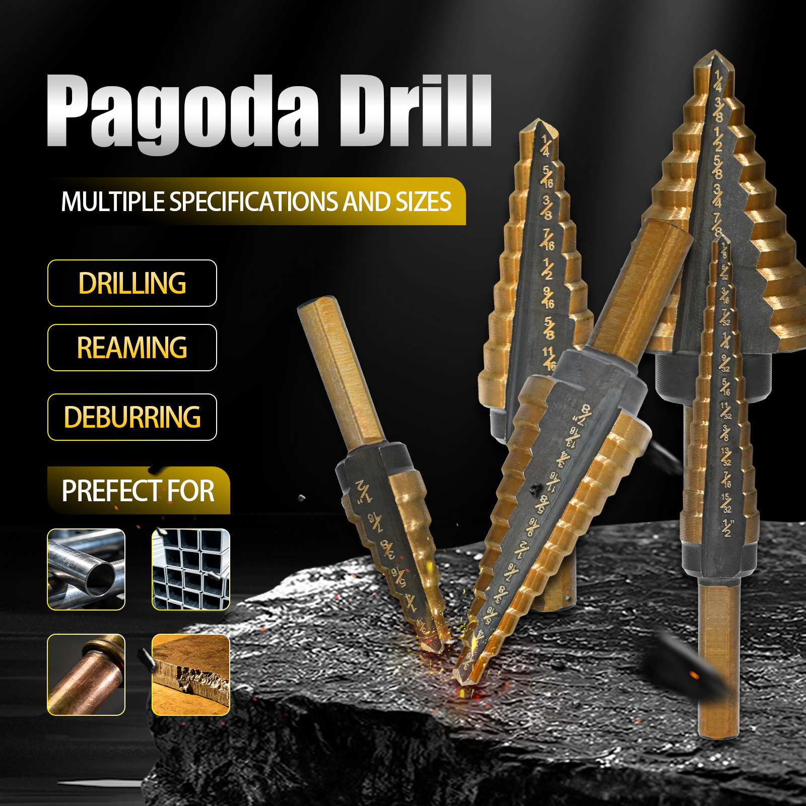 Step Drill Bit Set with Aluminum Case — 5-Piece Golden Step Drill Bits (1/8