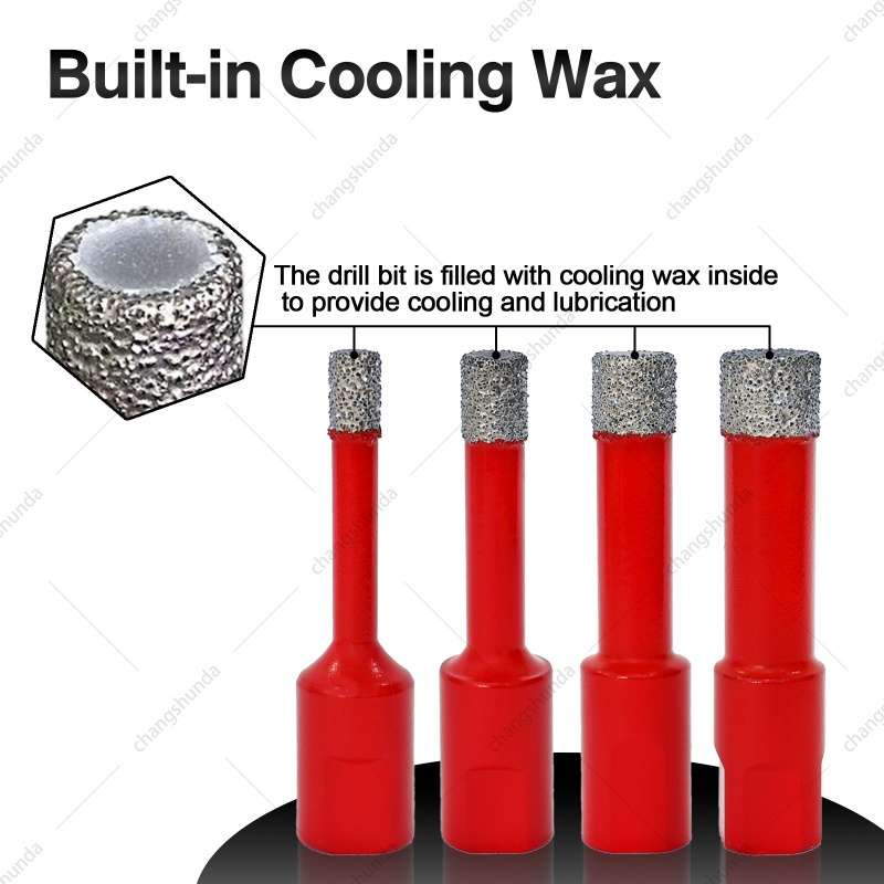 M10 Chinese Red 5pc Blister Pack Set, Vacuum Brazed Diamond Core Drill Bits with Built-in Cooling Wax & M14-M10 Reducer Shank for Tile Ceramic Marble Drilling
