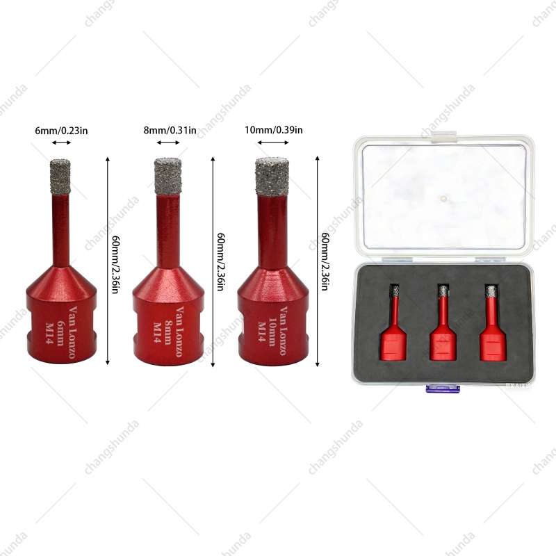 Van Lonzo M14 Red Exposed Grit Diamond Drill 3PC Set, M14 Thread Shank Vacuum Brazed Dry Drill Bits 6/8/10mm for Angle Grinder Tile Marble Glass No-Water Dry Drilling
