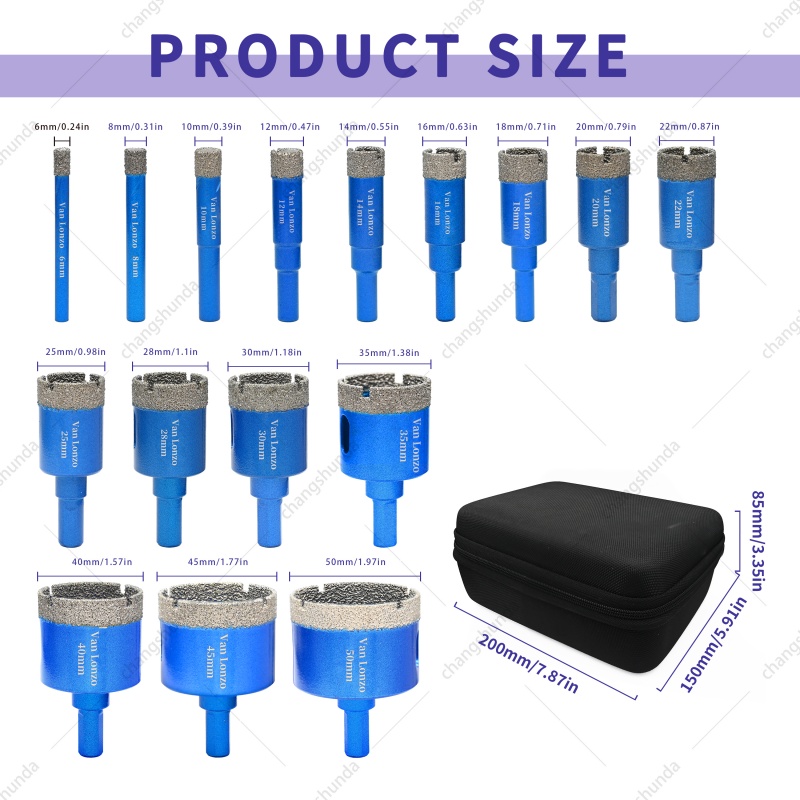 16pc Blue Dry Diamond Core Drill Bits Set, Triangle Shank Dry Drilling Hole Saw for Tile, Ceramic, Marble, Granite

