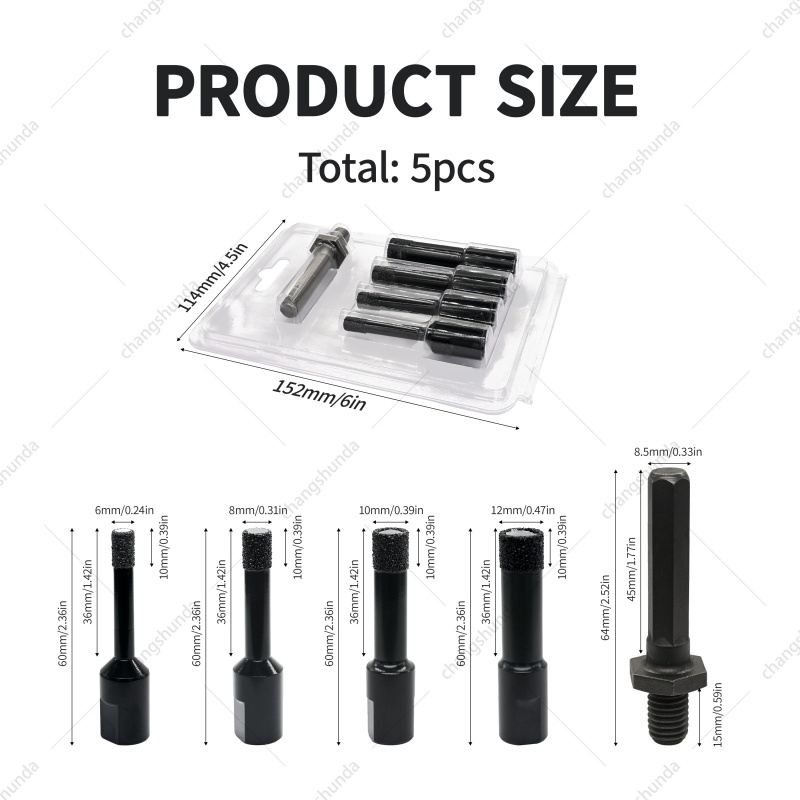 M10 Full Black 5pcs Blister Pack Set, Vacuum Brazed Diamond Core Drill Bits with M14 Hex Thread Shank for Tile Marble Ceramic Drilling
