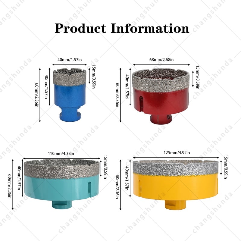M14 Thread Vacuum Brazed Color Exposed Sand Diamond Hole Saw Set, M14-4pc Dry Drill Bit Kit with Shockproof Aluminum Carry Case, 40/68/110/125mm Dry Cutting Bits for M14 Angle Grinder, Granite Marble Quartz Stone Countertop Drilling Tool
