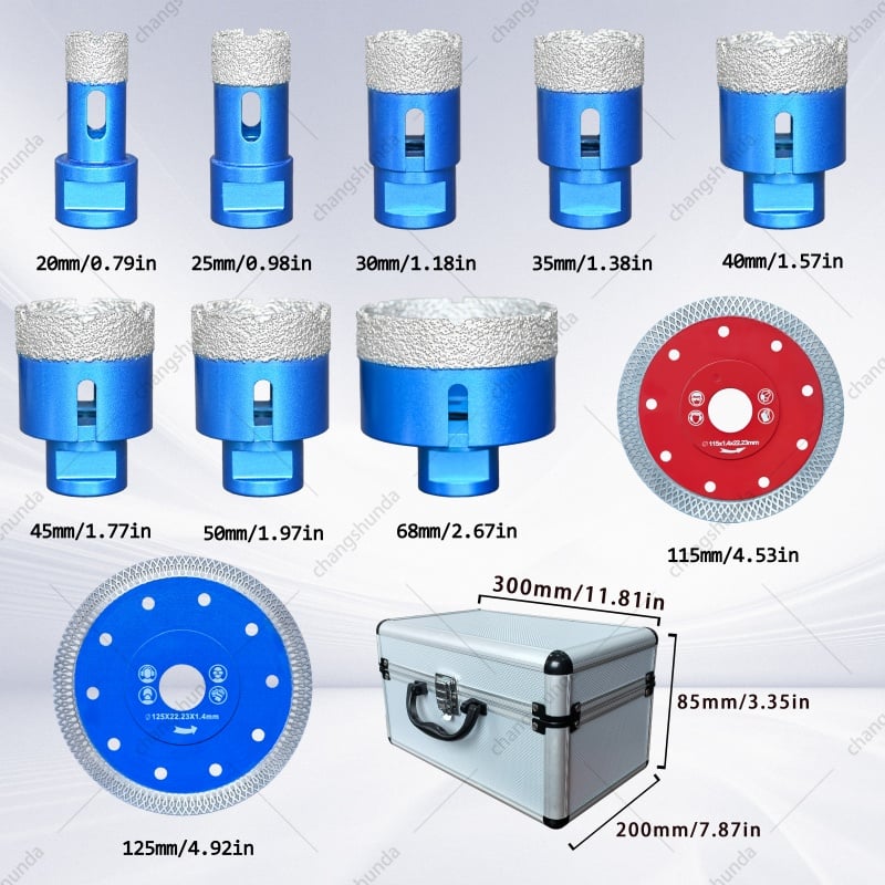 Van Lonzo M14 Blue Exposed Grit Diamond Hole Saw 10PC Set, M14 Thread Shank Brazed Hole Saw Kit with 115 Red & 125 Blue Sintered Cutting Discs for Angle Grinder Tile Marble Stone Drilling & Cutting
