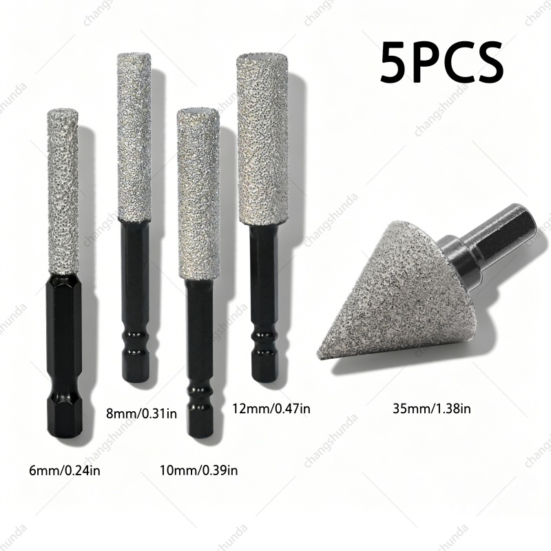 Hex Shank Drill & Grind Integrated Bit Set with Chamfer Tool, 6pcs Vacuum Brazed Diamond Grinding Burr Kit for Electric Hand Drill, Tile Stone Trimming & Hole Chamfering Tools
