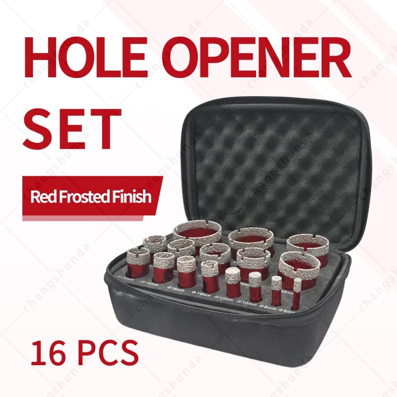 16pc Red Vacuum Brazed Dry Diamond Hole Saw Set with Cloth Carry Bag, Triangle Shank Dry Drill Bits for Electric Drill, 6-50mm Dry Cut Tile Marble Granite Stone Drilling Kit
