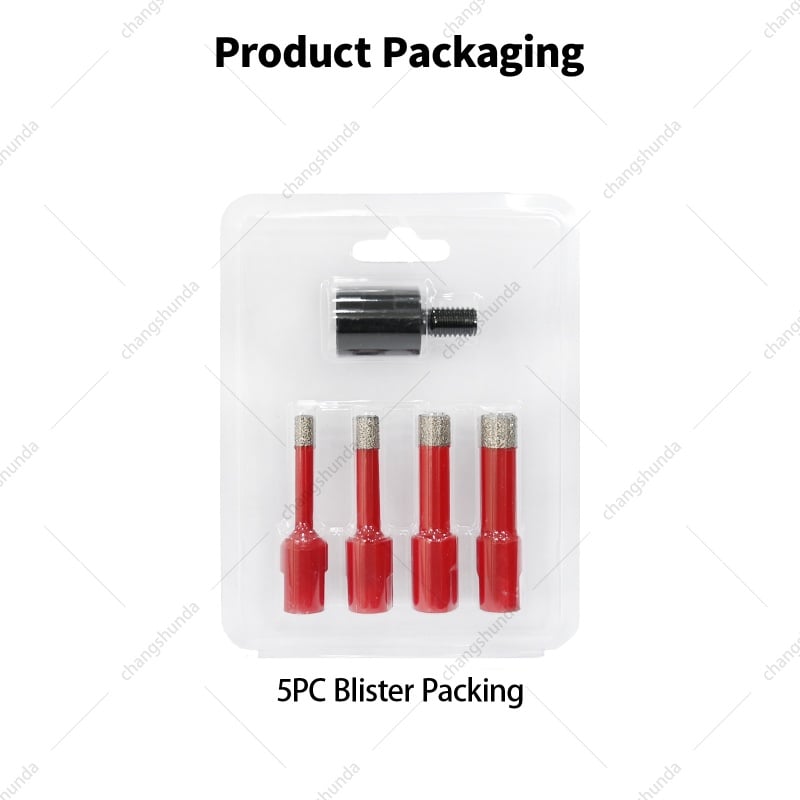 M10 Chinese Red 5pc Blister Pack Set, Vacuum Brazed Diamond Core Drill Bits with Built-in Cooling Wax & M14-M10 Reducer Shank for Tile Ceramic Marble Drilling
