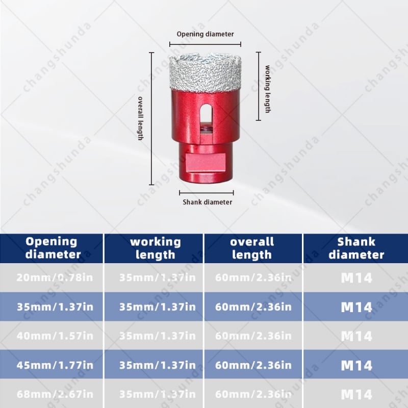 M14 Thread Vacuum Brazed Red Exposed Sand Diamond Hole Saw Set, M14-5pc Dry Drill Bit Kit with Shockproof Aluminum Storage Case, 20/35/40/45/68mm Dry Cutting Bits for M14 Angle Grinder, Tile Marble Granite Stone Drilling Tool
