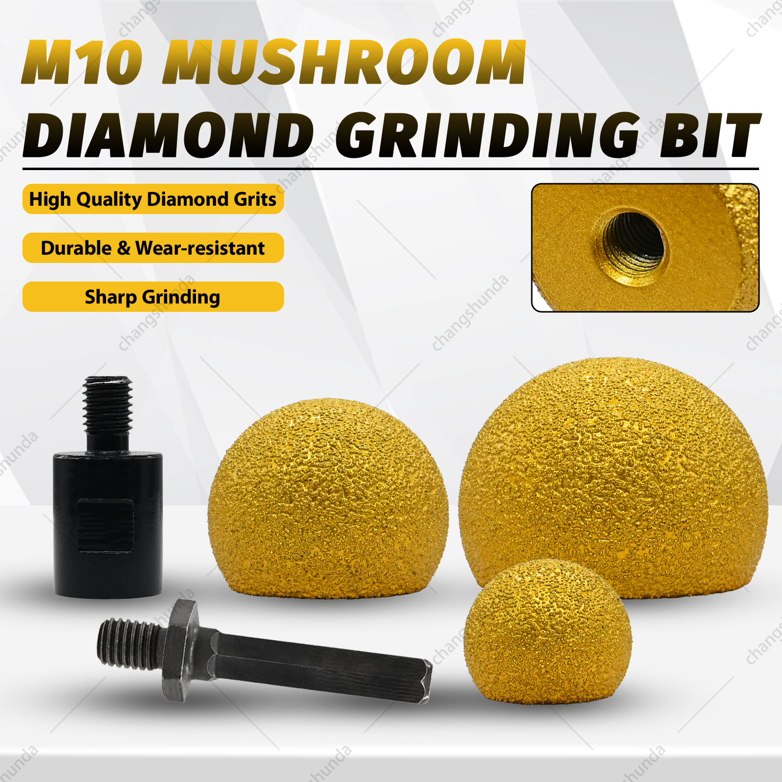 Vacuum Brazed Mushroom Diamond Grinding Head, 3 Sizes Spherical Brazed Diamond Profile Grinding Bit with M10 Hex Adapter & M10-M14 Converter for Stone Marble Granite Countertop Profiling Polishing