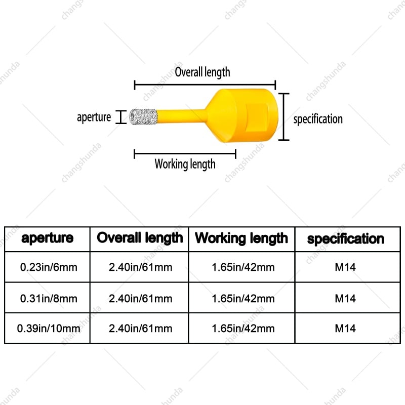 M14 Thread Slim Shank Yellow Vacuum Brazed Diamond Hole Saw 3-Piece Set, 6/8/10mm Fine Aperture Dry Drill Bits with Plain Storage Box, Precision Drilling Kit for Tile Marble Quartz Stone Using M14 Angle Grinder
