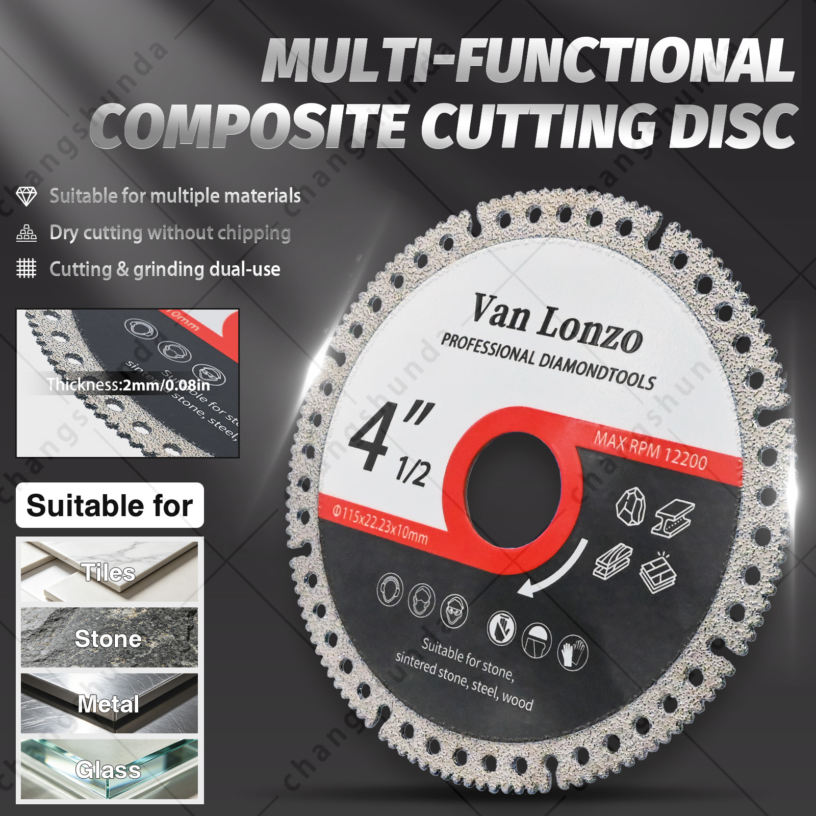 4.5‑Inch Vacuum Brazed Diamond Multi‑Purpose Composite Saw Blade 115mm | Cut Stone, Steel, Wood, Sintered Stone for Angle Grinder