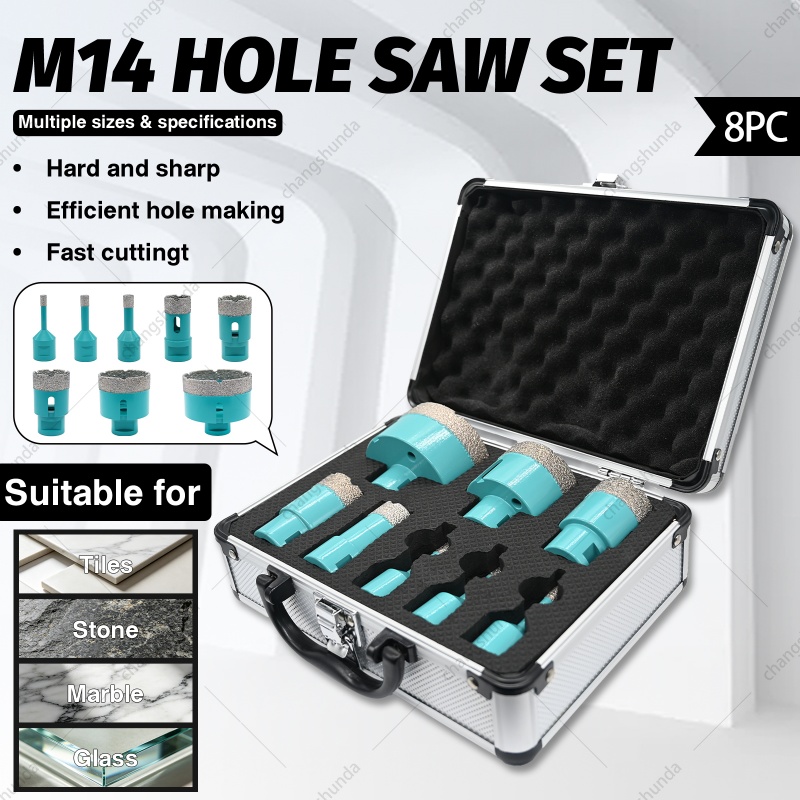 M14-8PC Aluminum Case Blue Vacuum Brazed Diamond Core Drill Bit Set, Dry Cutting Hole Saw Kit for Tile Marble Granite Angle Grinder

