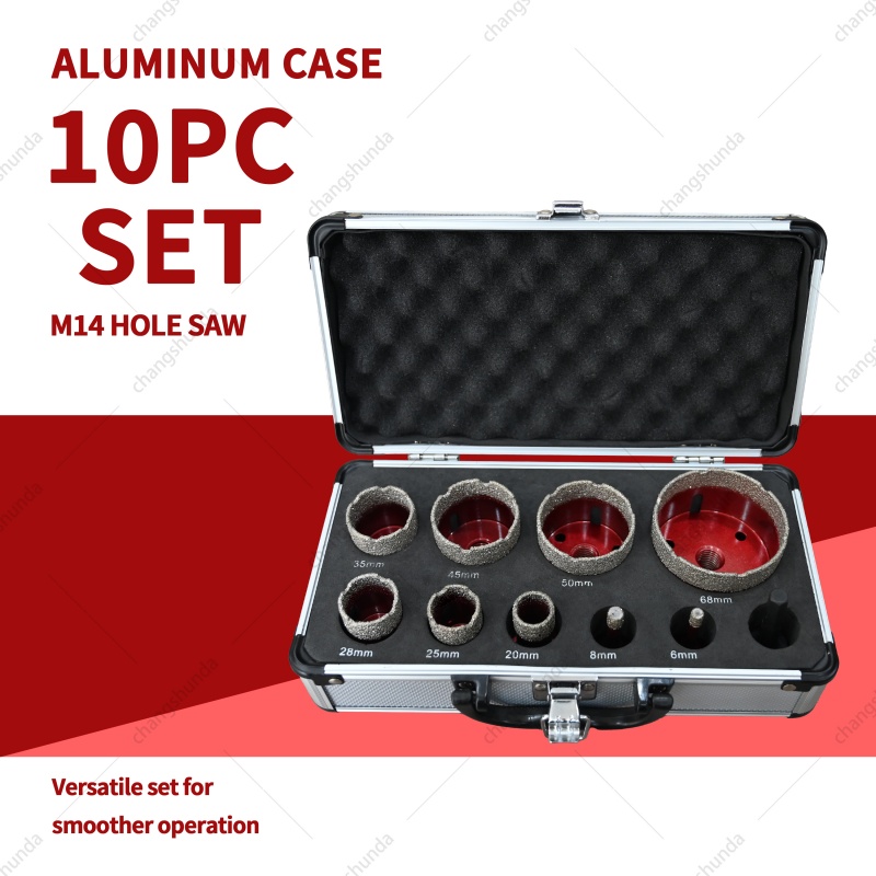 Van Lonzo M14-10pc Red Exposed Diamond Segment Core Drill Bit Set, Vacuum Brazed M14-10pc Red Exposed Diamond Kit for Granite Marble Tile Drilling, Complete M14 Thread Diamond Hole Saw Combo with Portable Aluminum Storage Case

