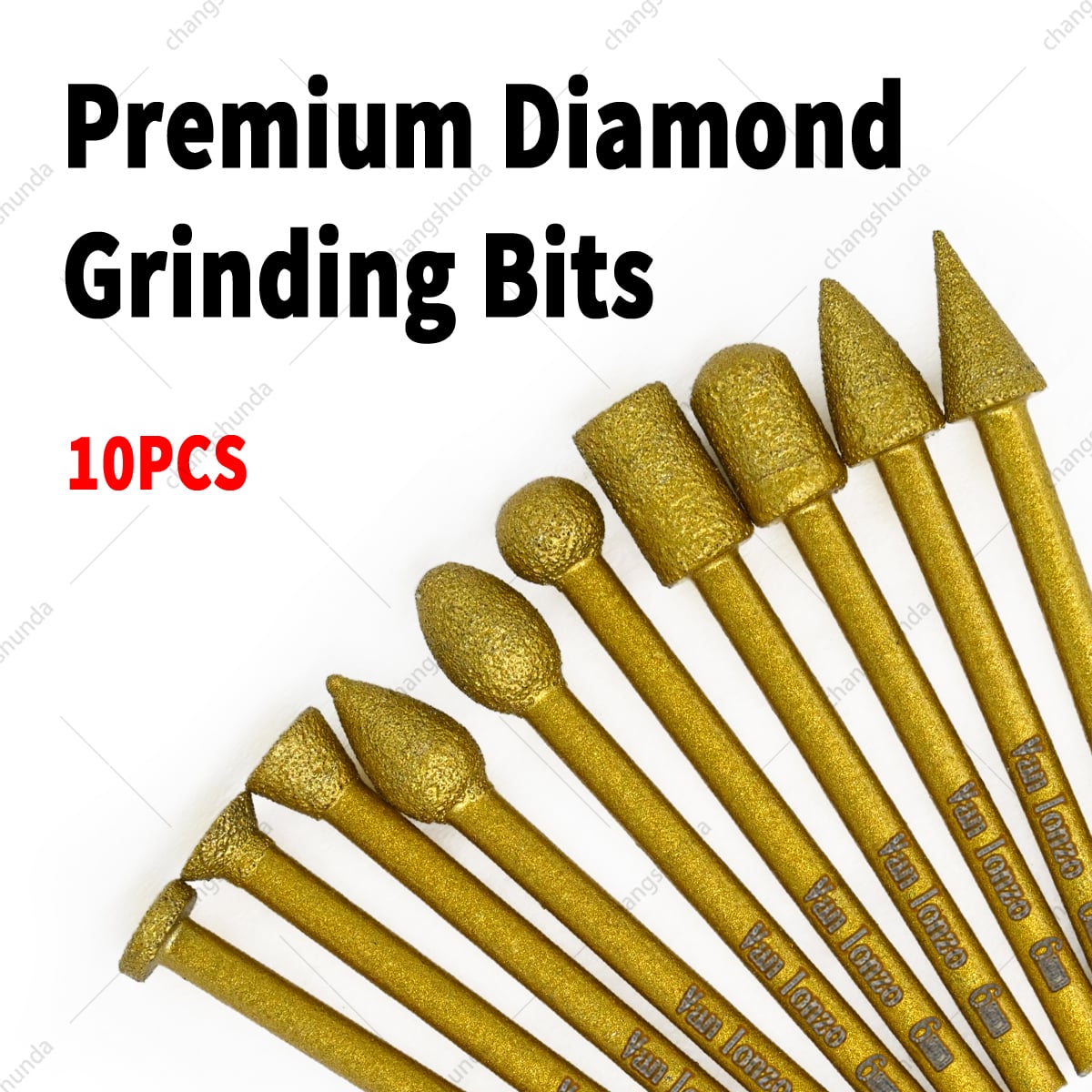 Van Lonzo 10PC Diamond Grinding Burr Set, Vacuum Brazed Diamond Grinding Burrs with 6mm Round Shank, Multi-Shape Stone Carving Grinding Burr 10PC for Tile, Marble, Glass, Granite Polishing & Engraving