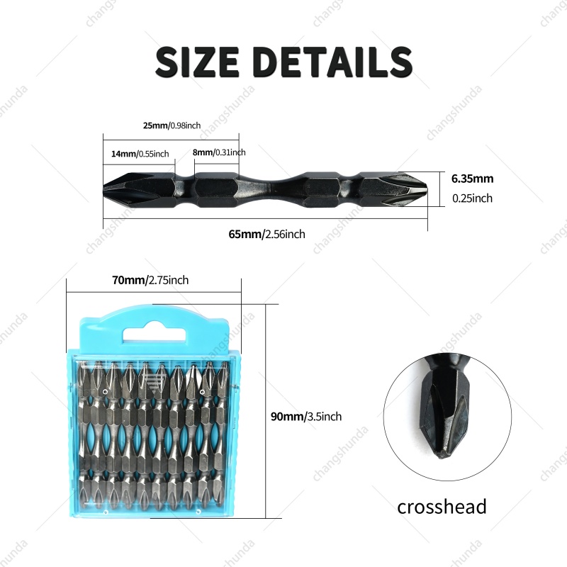 Van Lonzo 10Pcs 65mm Magnetic Double Head Phillips Screwdriver Bits, S2 Alloy Steel Anti-Slip Heavy-Duty Bit Set for Impact & Cordless Drills