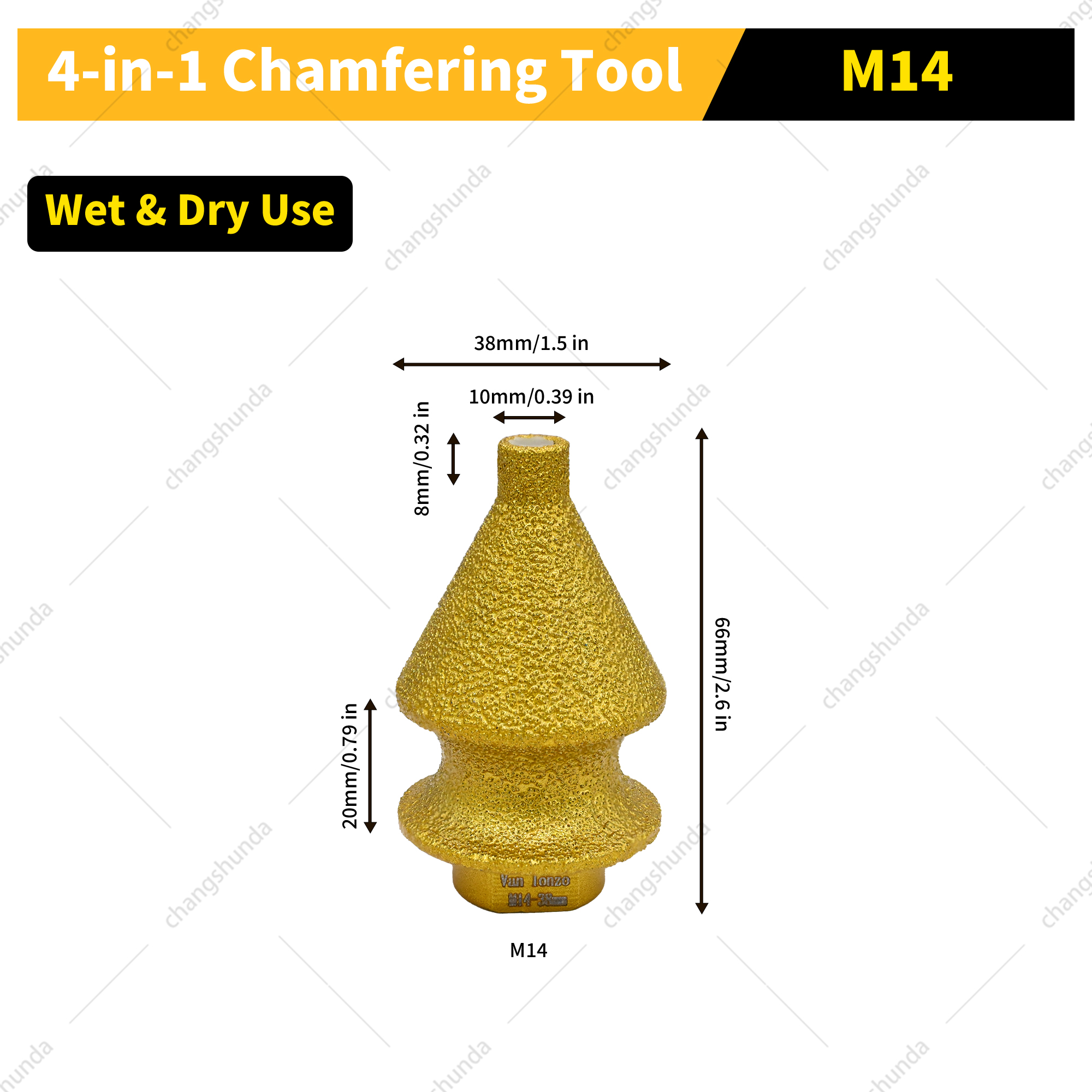 Van Lonzo M14 4-in-1 Chamfer Bit, Vacuum Brazed Diamond M14 Four-in-One Chamfer Tool for Quartz Stone, Marble, Ceramic Tile Hole Drilling, Enlarging and Trimming
