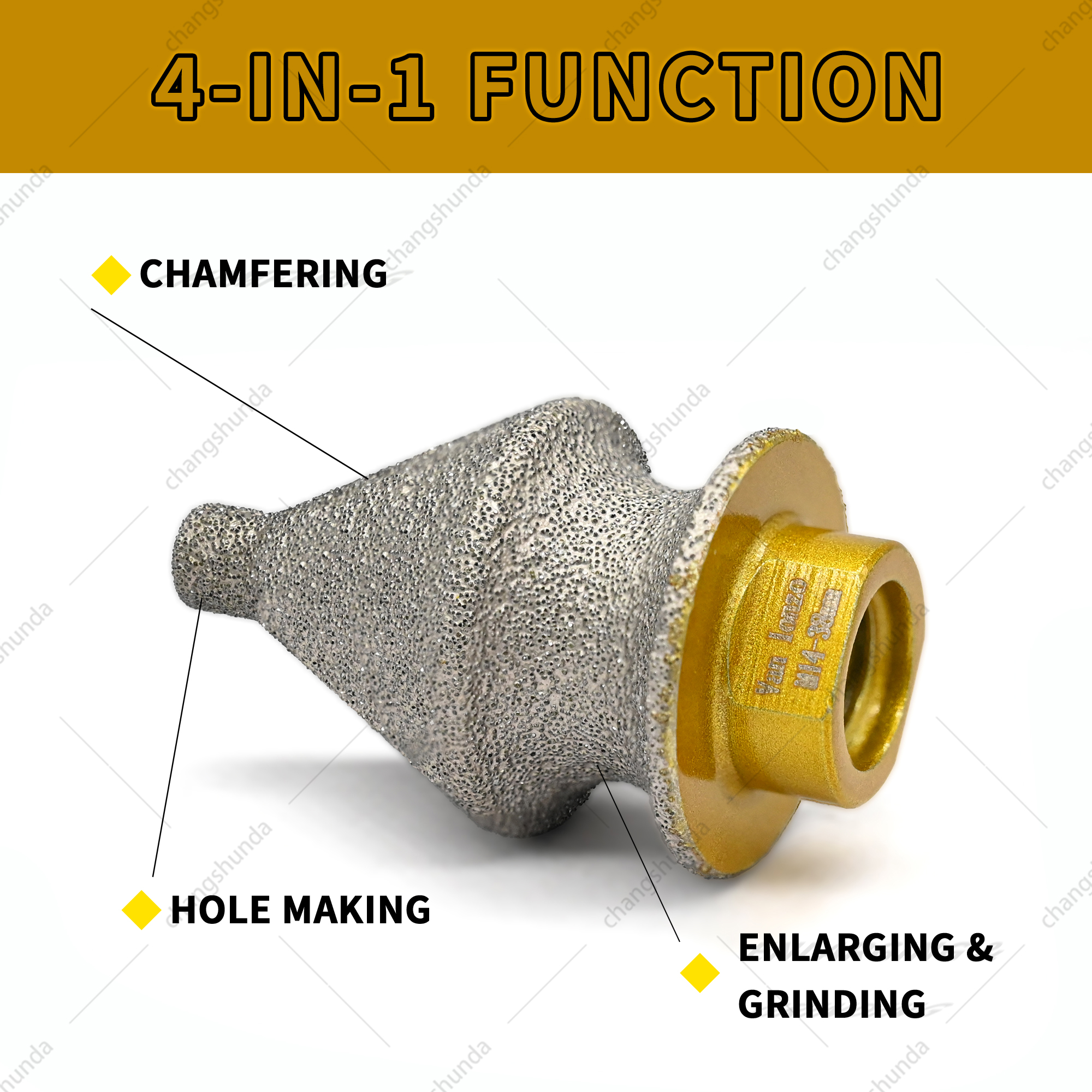 Van Lonzo M14 4-in-1 Chamfer Bit, Vacuum Brazed Diamond M14 Four-in-One Chamfer Tool for Quartz Stone, Marble, Ceramic Tile Hole Drilling, Enlarging and Trimming
