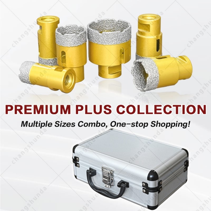 M14 Thread Vacuum Brazed Golden Exposed Sand Diamond Hole Saw Set, M14-5pc Dry Drill Bit Kit with Shockproof Aluminum Carry Case, 25/28/32/38/50mm Dry Cutting Bits for M14 Angle Grinder, Tile Marble Granite Stone Countertop Drilling Tool
