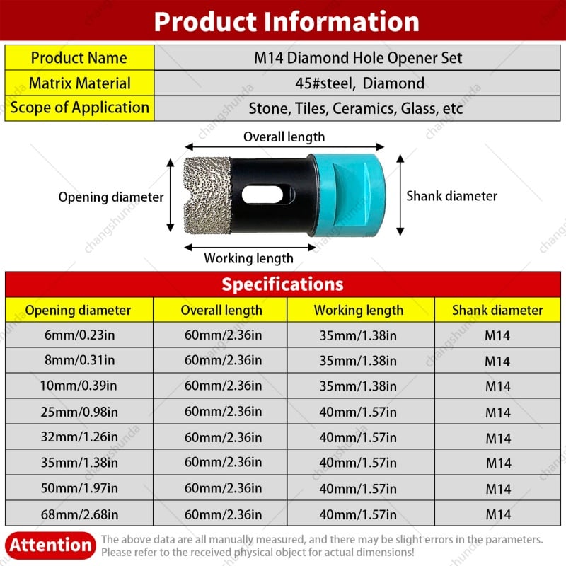 Van Lonzo M14 Hole Saw 8PC Set, Vacuum Brazed M14 Thread Diamond Core Bit Kit, Heavy Duty M14 Hole Saw 8PC for Angle Grinder Tile Marble Glass Stone Drilling
