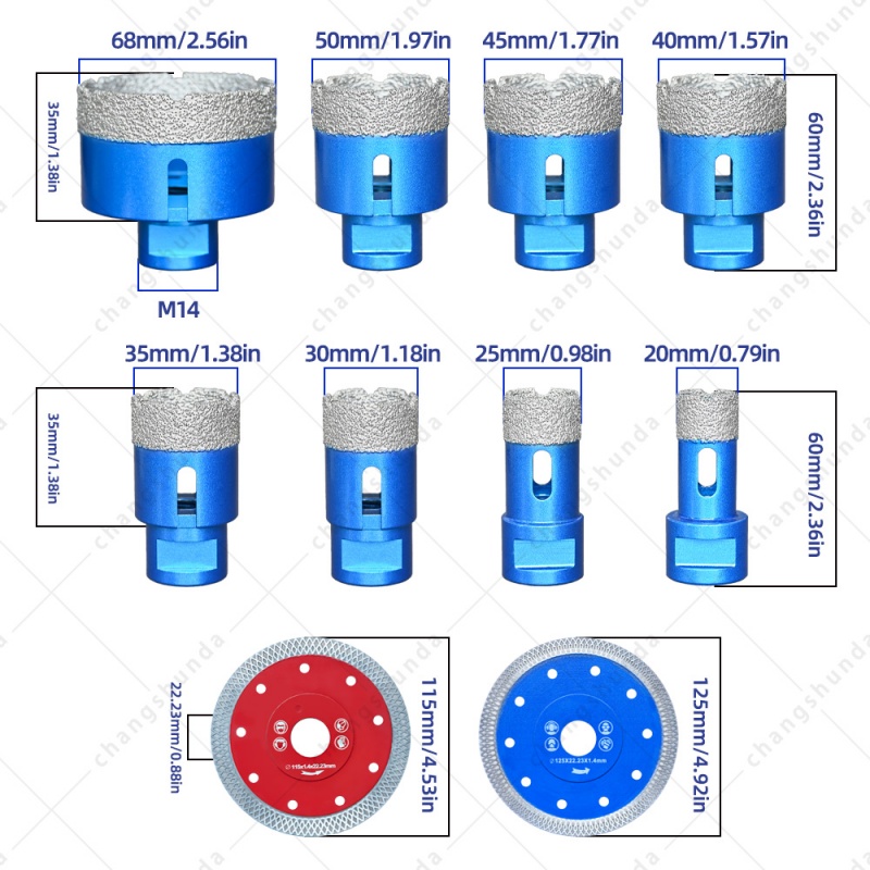Vacuum Brazed Diamond Hole Saw & Cutting Disc Combo Set, Tile Drill Bits + Diamond Saw Blades for Porcelain Ceramic Marble Granite Brick Stone Drilling & Cutting, M14 Thread Shank Fit Angle Grinder
