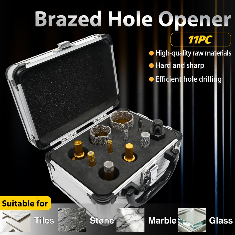 11-in-1 Vacuum Brazed Diamond Drill Bit Set, 11pc Multi-Purpose Drilling Kit with Shockproof Aluminum Carry Case, Mixed Hex & Thread Shank Bits for Tile, Marble, Granite, Glass, Quartz Daily Renovation Projects
