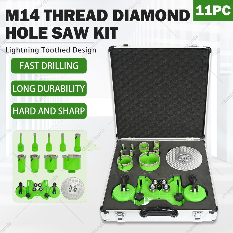M14 Light Green Lightning Tooth 11pc Set with Aluminum Case, Dry Diamond Core Drill Bit Kit Including Locator, 125mm Diamond Flange Disc & Multi-Size M14 Hole Saws for Angle Grinder
