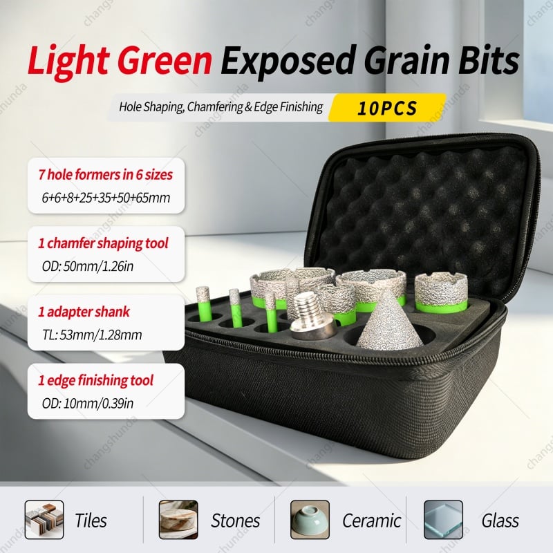 10pc-M14 Light Green Diamond Dry Drill Bit Set with Storage Bag, M14 Thread Brazed Hole Saw Kit Including Core Bits, Trimming Bit & Chamfer Bit for Angle Grinder
