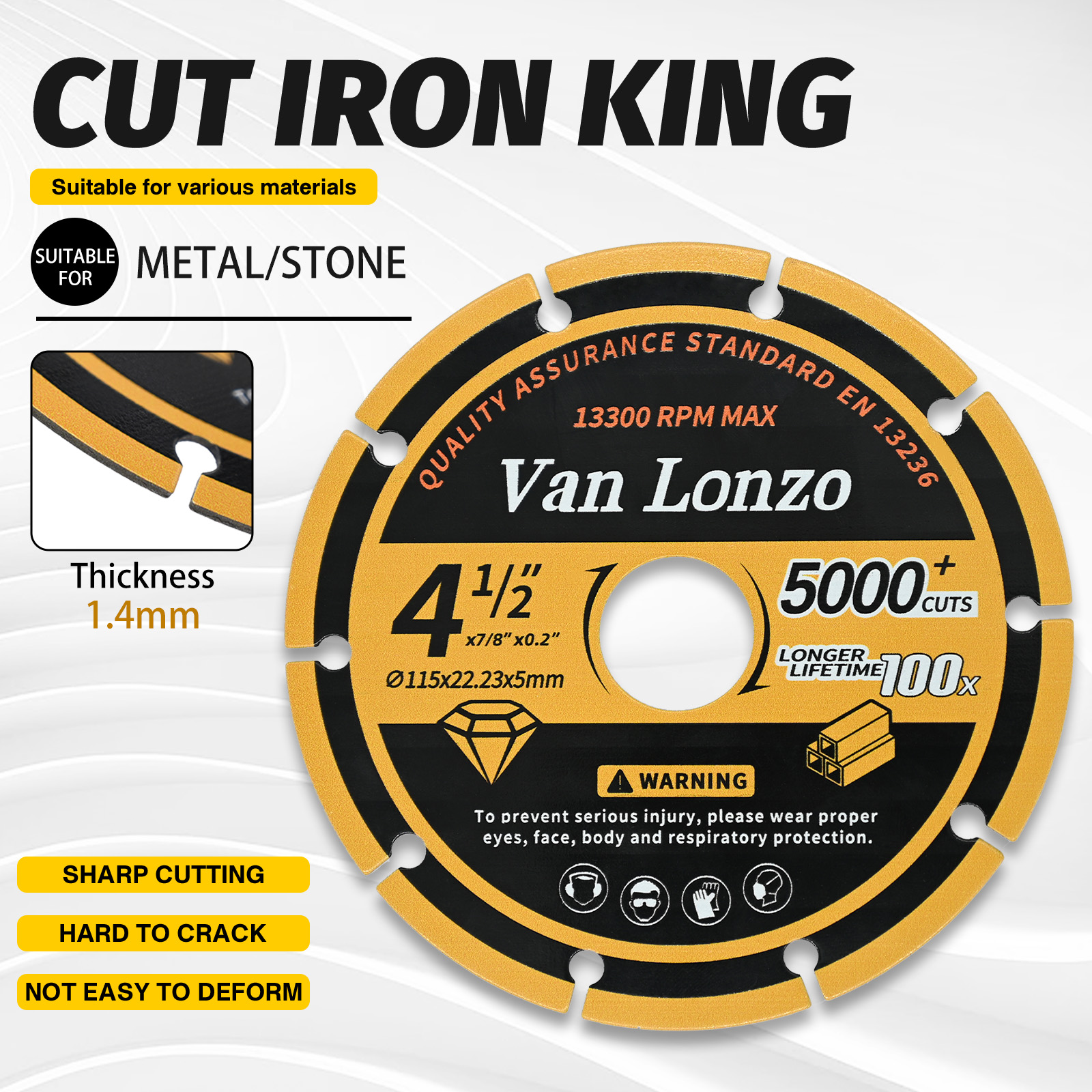 4-1/2 Inch 115mm Vacuum Brazed Diamond Cutting Disc, 5000+ Cuts LongLife Diamond CutOff Wheel for Rebar, Steel Pipe, Iron, Stainless Steel & Cast Iron, 13300RPM Max Angle Grinder Blade Compliant with EN13236 Standard