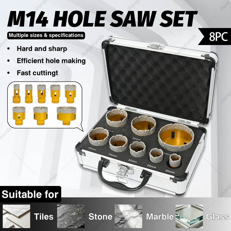 M14-8pc Golden Exposed Diamond Grain Drill Bit Set with Aluminum Case, Vacuum Brazed Dry Cutting Diamond Hole Saw Kit with 7 Core Drill Bits & 1 Chamfer Tool for Angle Grinder

