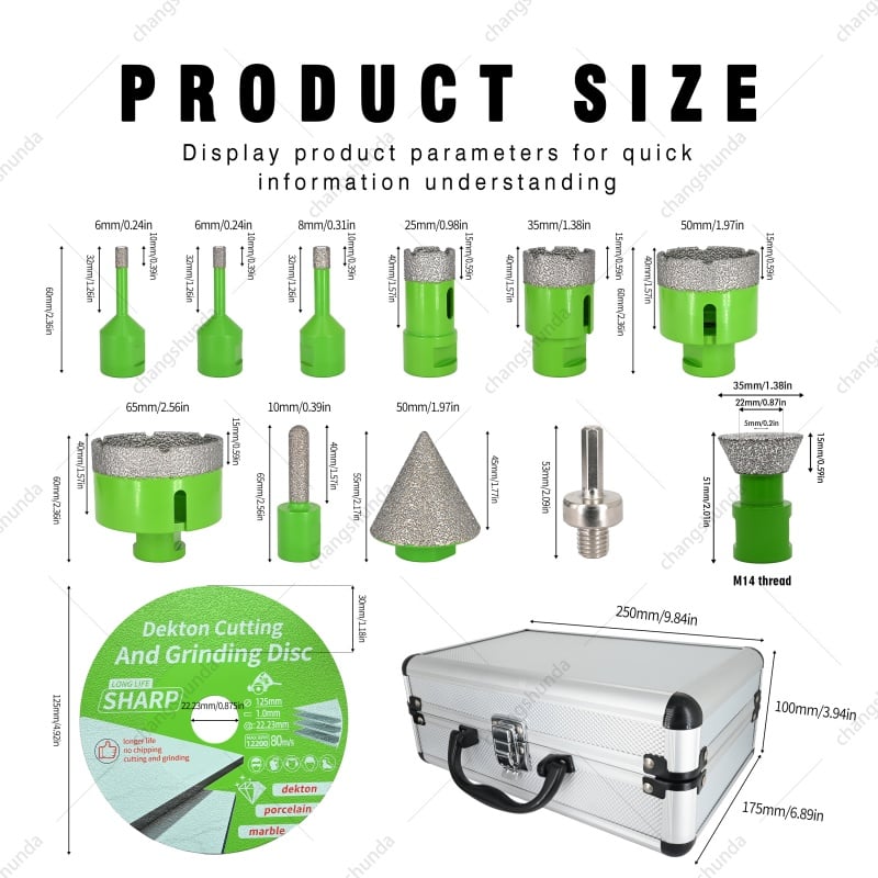M14-12PC Light Green Exposed Diamond Grain Drill Bit Kit, Multi-Functional Stone Tile Processing Set with Core Bits, Trimmer, Chamfer Bit, Trapezoidal Grinding Head, 125mm Slab Cutting Disc & M14 to Hex Adapter
