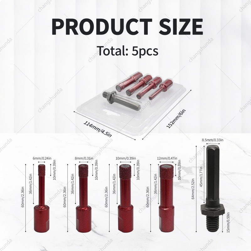 M10 Full Red 5pcs Blister Pack Set, Vacuum Brazed Diamond Core Drill Bits with M14 Thread Shank for Tile Marble Ceramic Drilling
