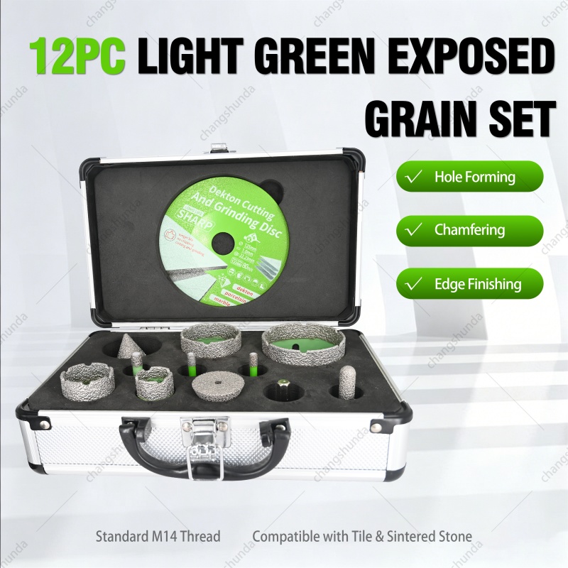 M14-12PC Light Green Exposed Diamond Grain Drill Bit Kit, Multi-Functional Stone Tile Processing Set with Core Bits, Trimmer, Chamfer Bit, Trapezoidal Grinding Head, 125mm Slab Cutting Disc & M14 to Hex Adapter
