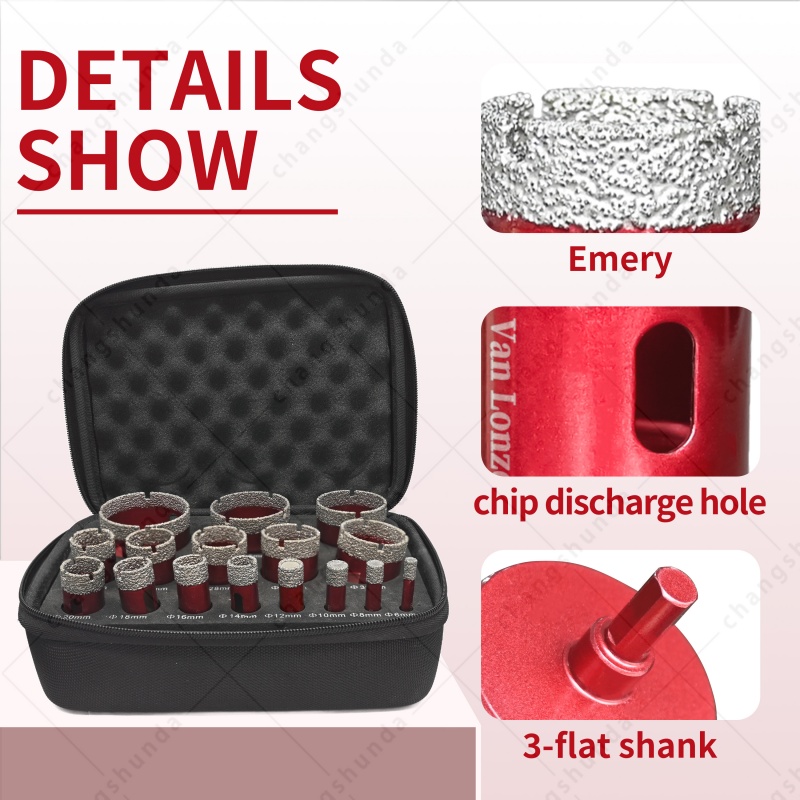 16pc Red Vacuum Brazed Dry Diamond Hole Saw Set with Cloth Carry Bag, Triangle Shank Dry Drill Bits for Electric Drill, 6-50mm Dry Cut Tile Marble Granite Stone Drilling Kit
