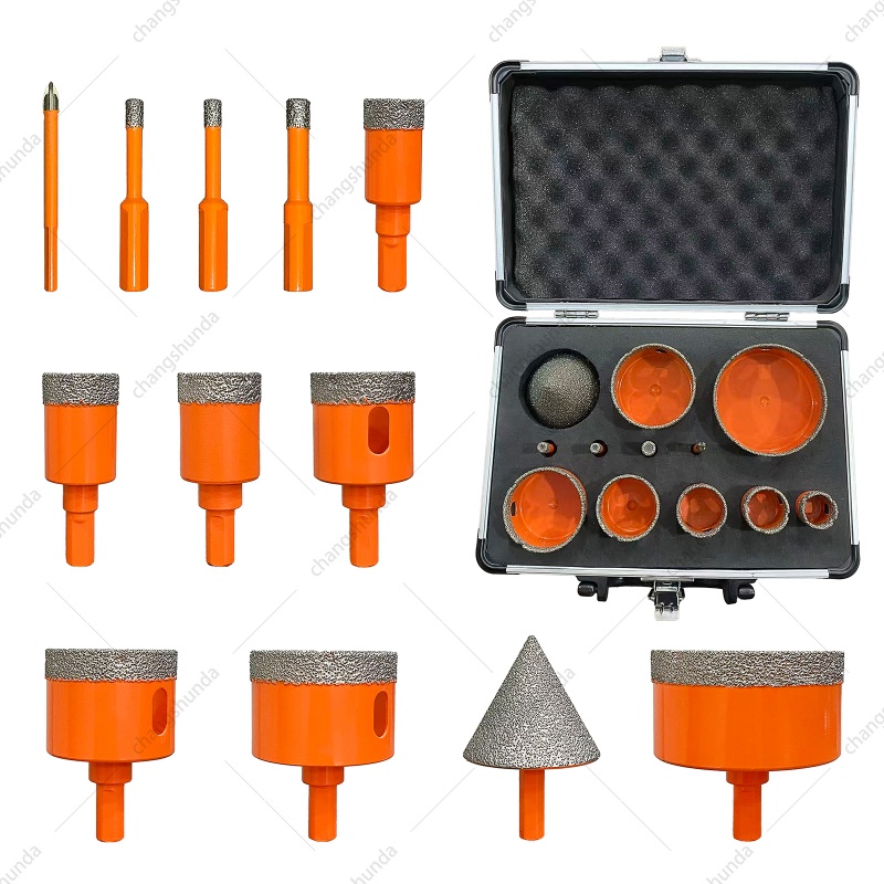 Van Lonzo 12PC Orange Dry Drill Exposed Diamond Set with Aluminum Storage Case, Vacuum Brazed Water-Free Dry Diamond Hole Saw Kit, Heavy Duty 12PC Orange Dry Drill Exposed Diamond Set for Tile Marble Ceramic Glass Dry Drilling & Countertop Chamfering
